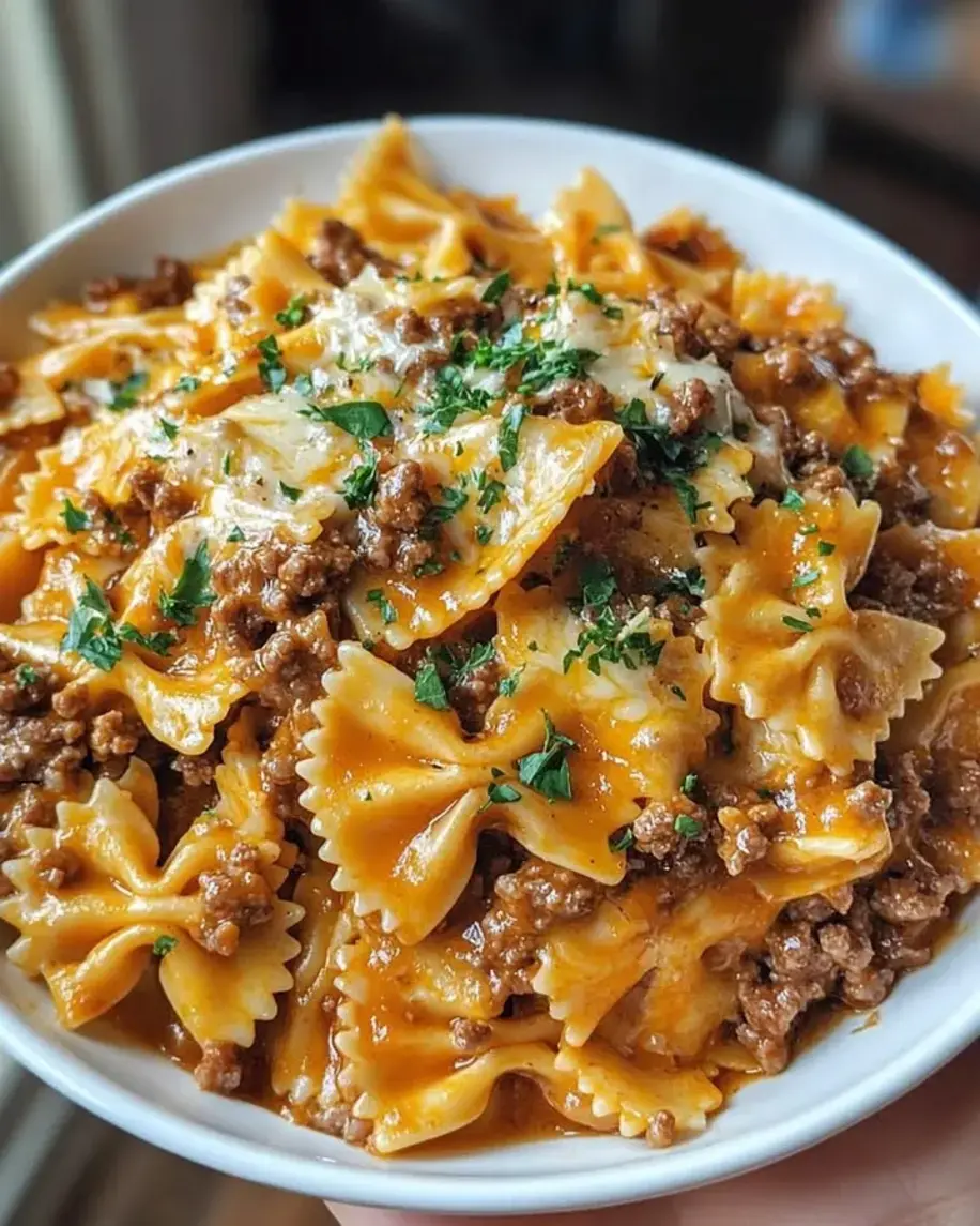 Cheesy Beef and Bowtie Pasta in Garlic Butter
