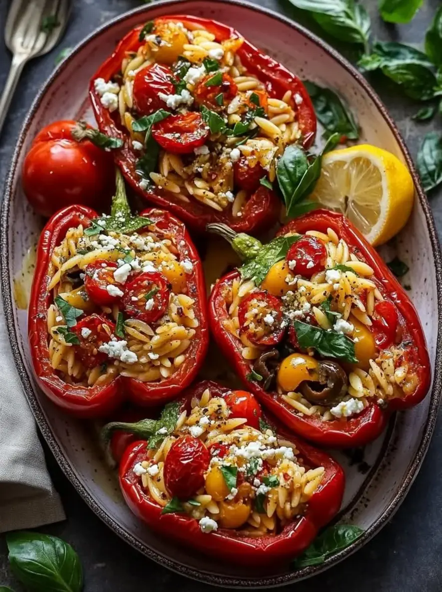 Roasted Red Bell Peppers Stuffed with Orzo and Topped with Lemony BasilTomatoes