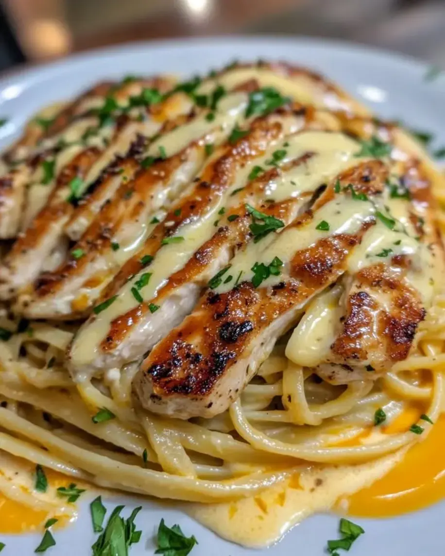 Creamy Garlic Butter Chicken & Linguine in Alfredo Sauce