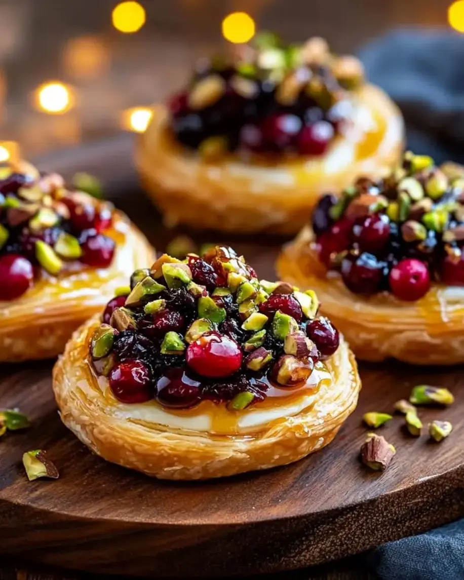 Cranberry Pistachio Brie Tartlets with Honey Caramel