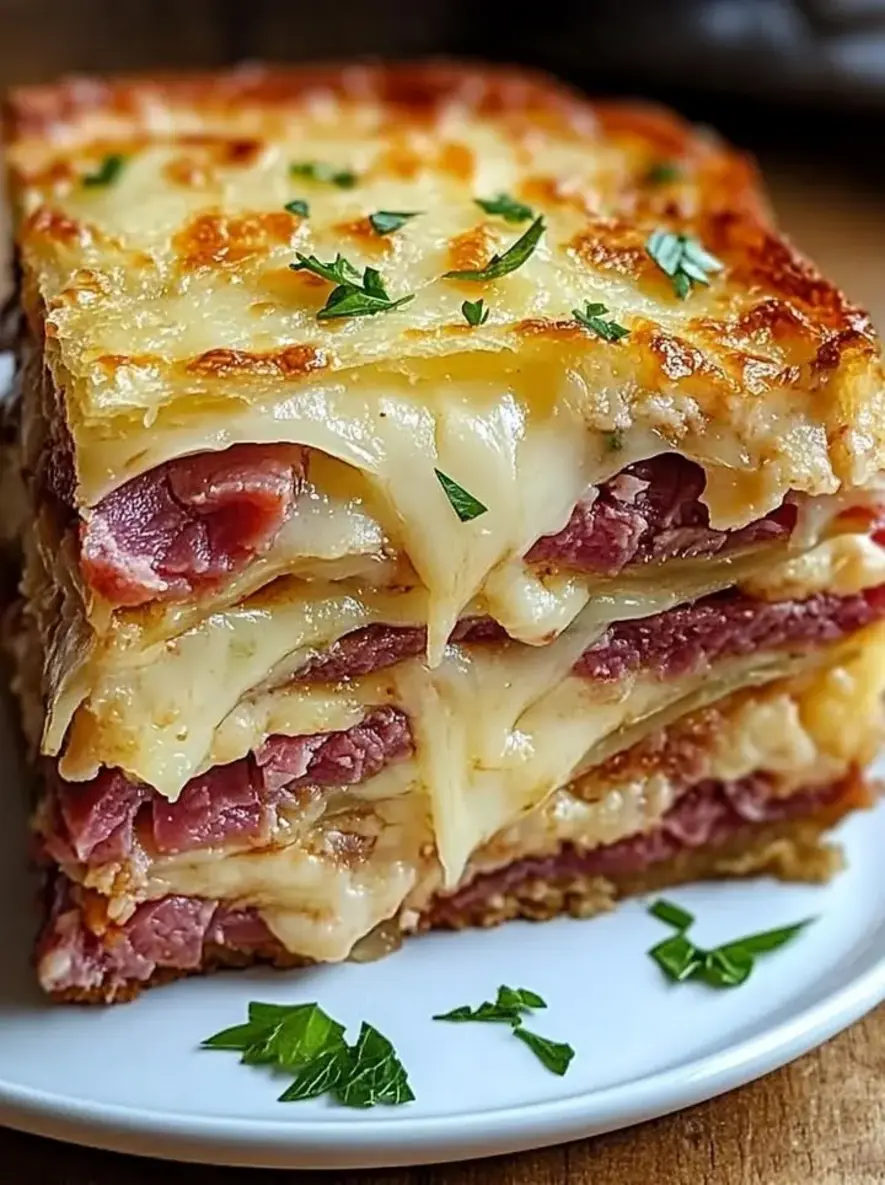 Reuben Bake with Layers of Corned Beef Sauerkraut and Swiss Cheese