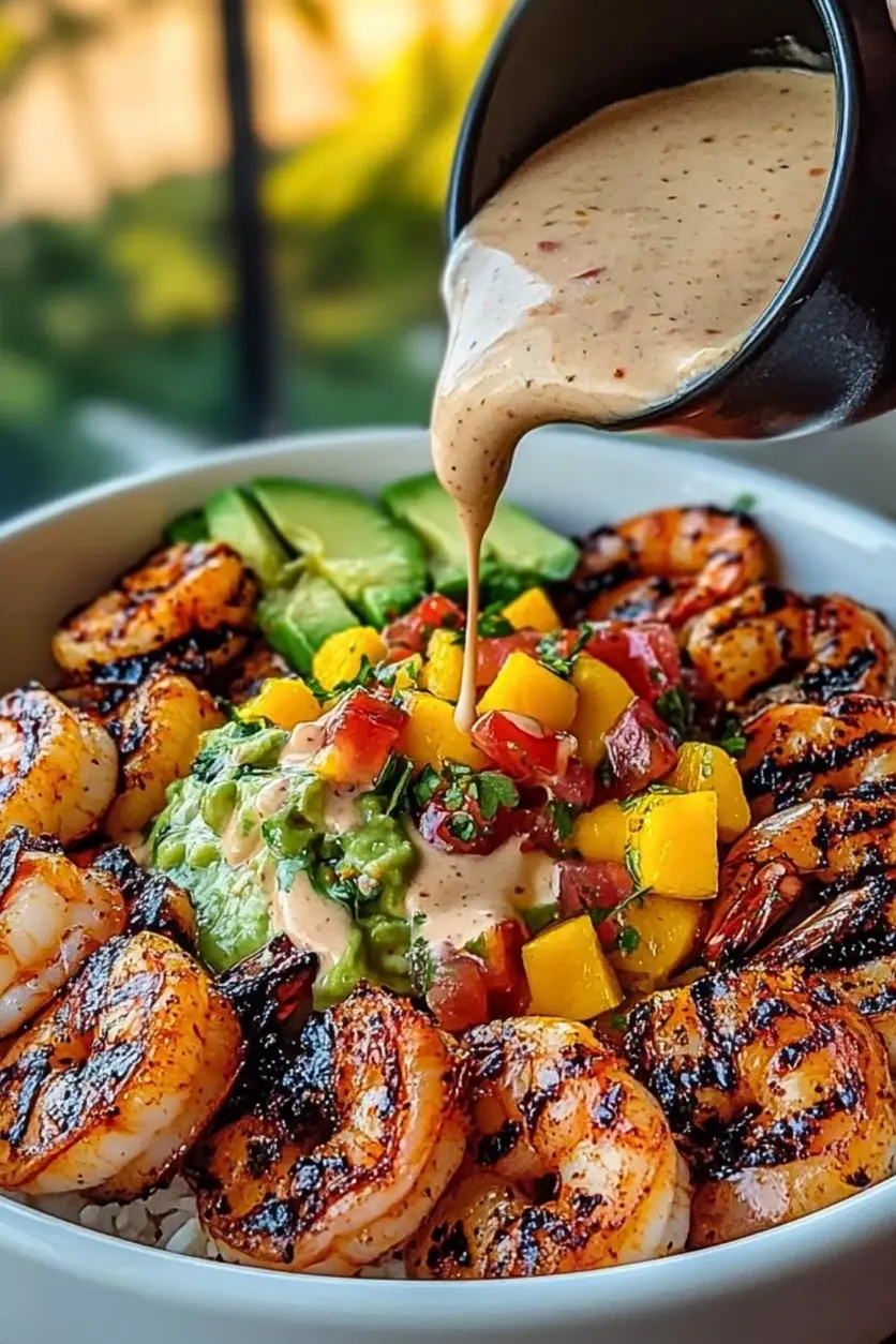 Shrimp and Avocado Bowls with Mango Salsa Lime Chili Sauce