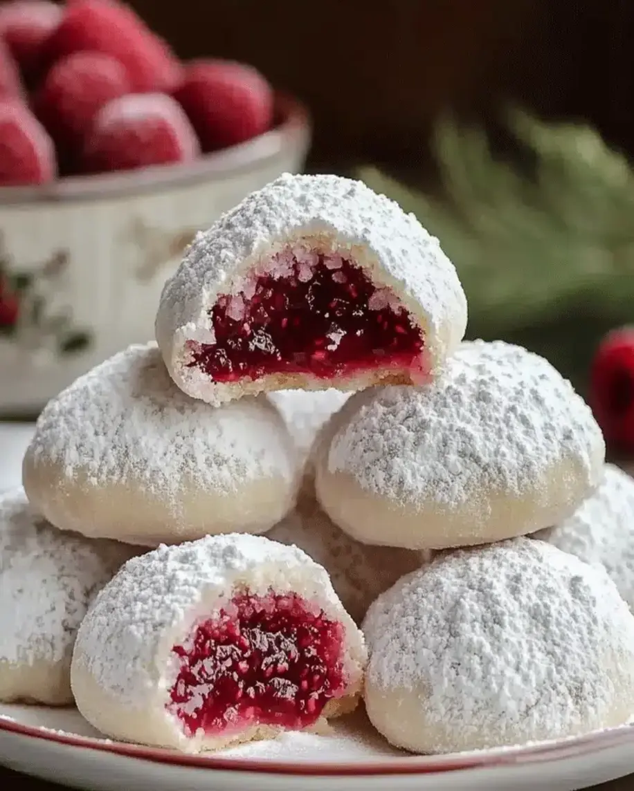 Raspberry Filled Almond Snow Cookies Soft Buttery Irresistible