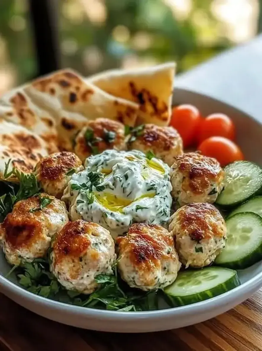 Feta Stuffed Greek Chicken Meatballs with Roasted Garlic Tzatziki