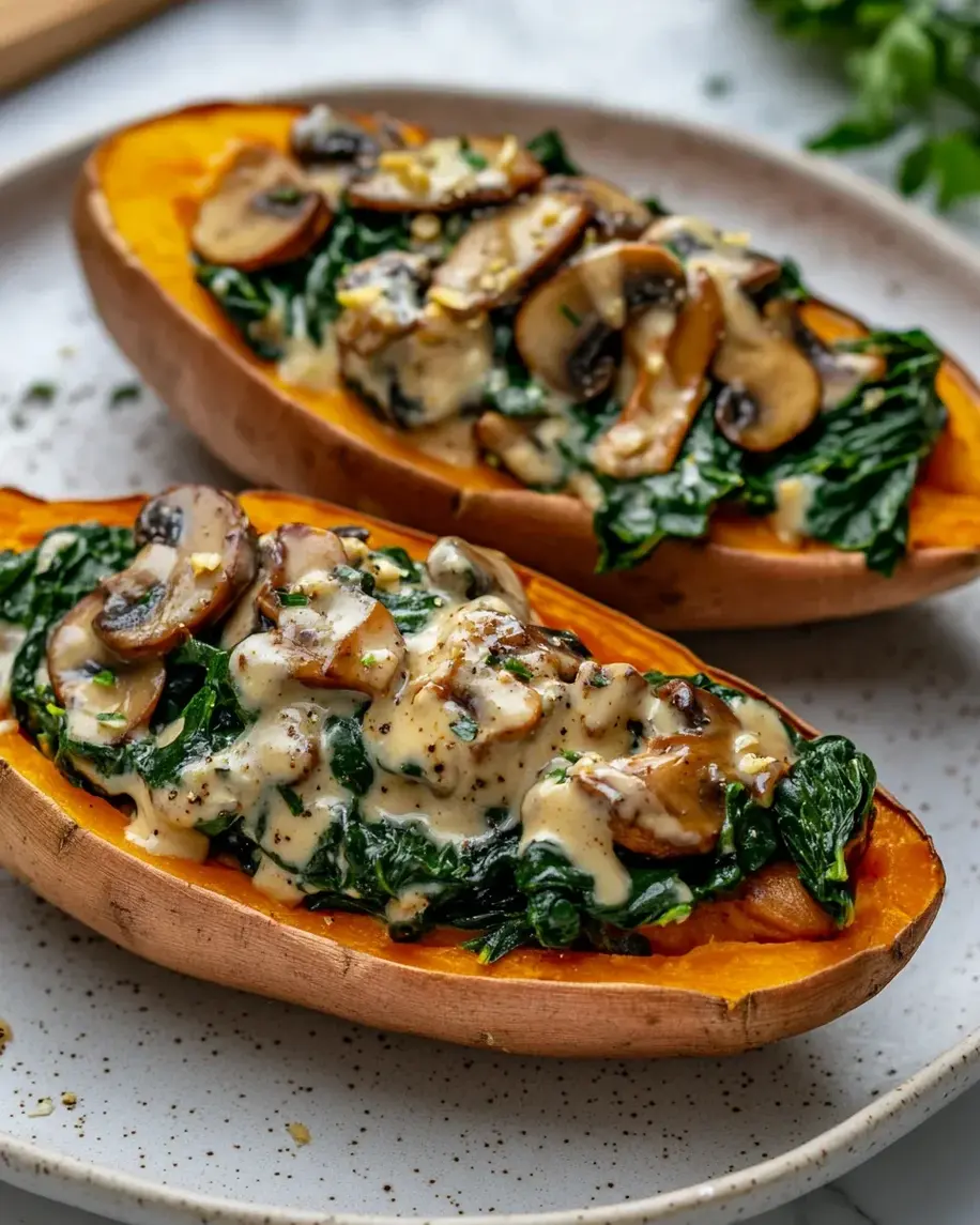 Creamy Mushroom and Spinach Stuffed Sweet Potatoes