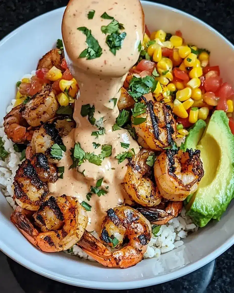 Grilled Shrimp Bowl with Avocado Corn Salsa Creamy Sauce