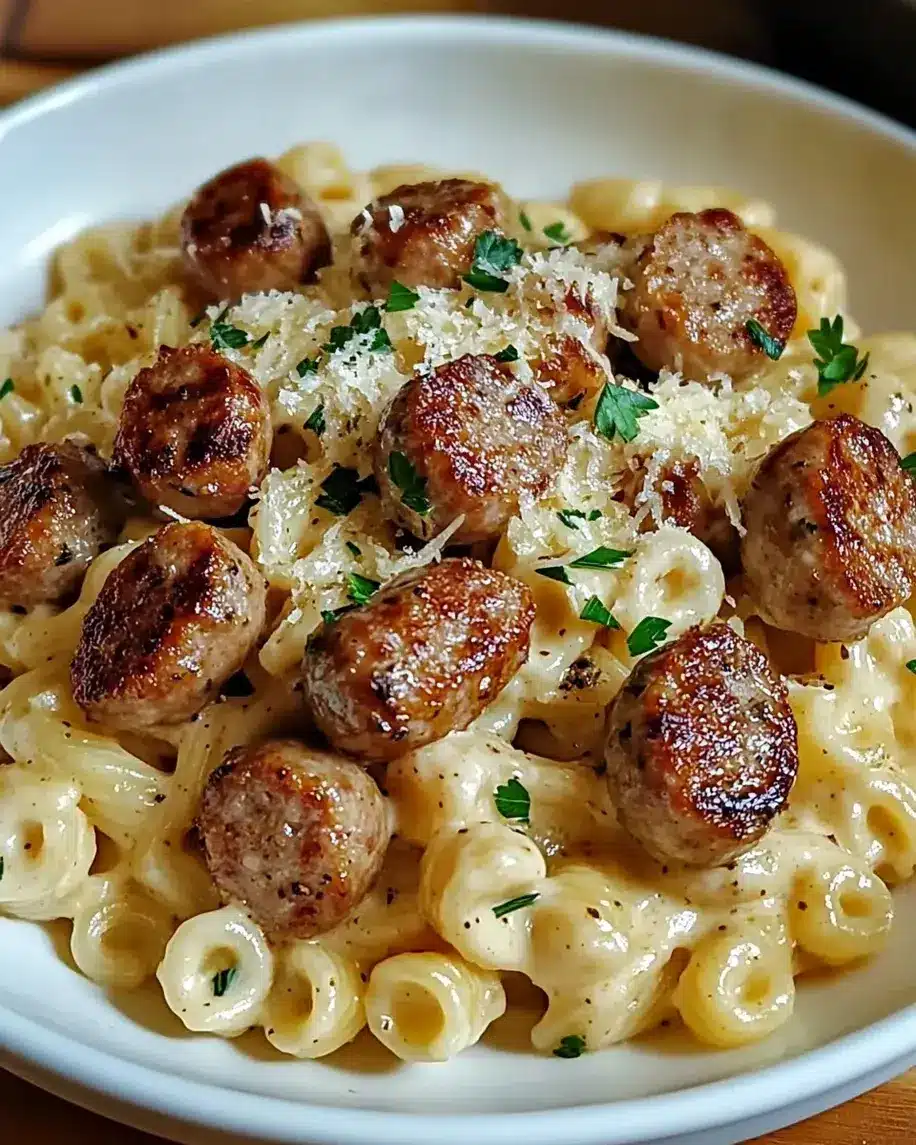 Garlic butter sausage bites with creamy parmesan pasta