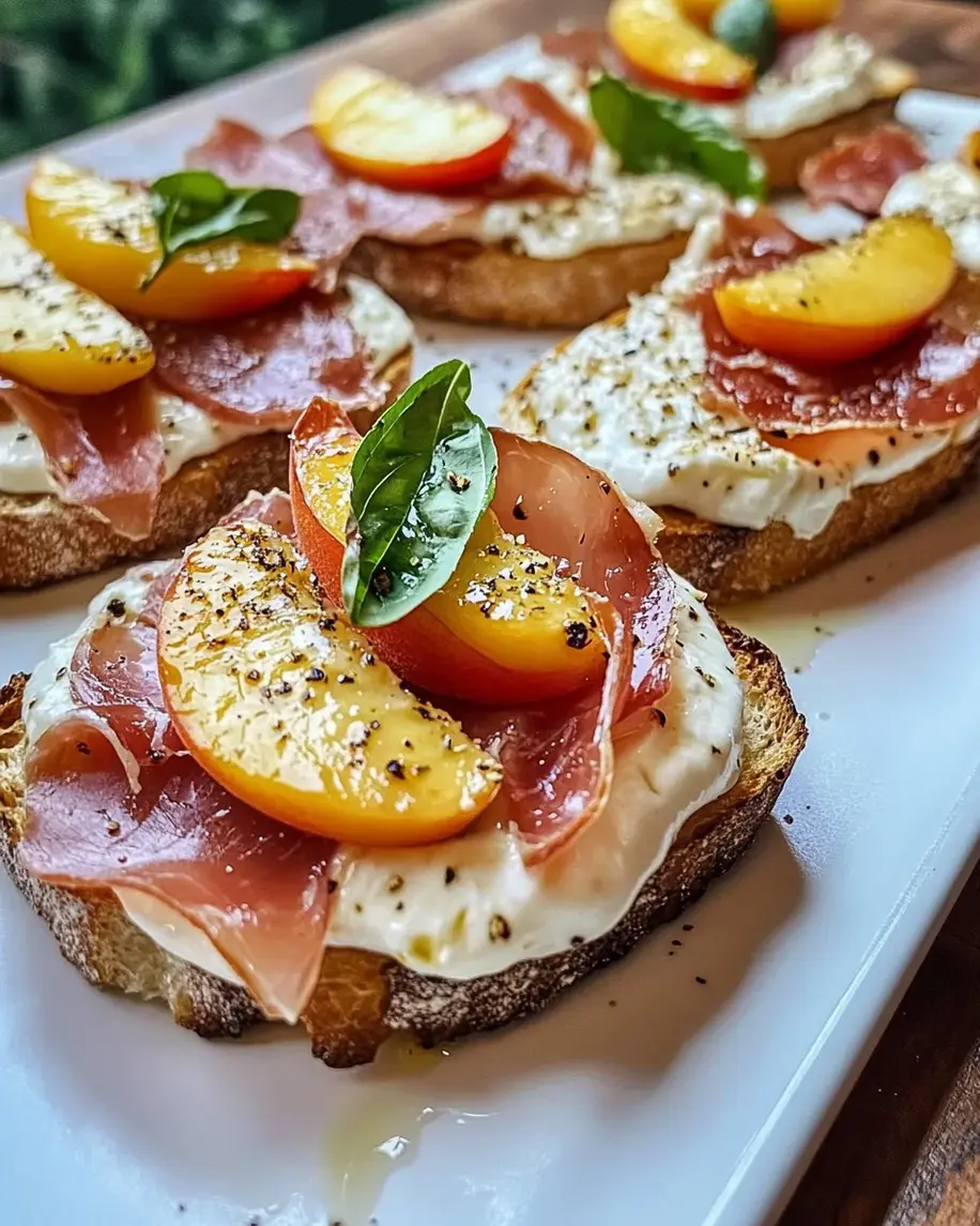 Cheesy Burrata Crostini with Prosciutto and Peaches