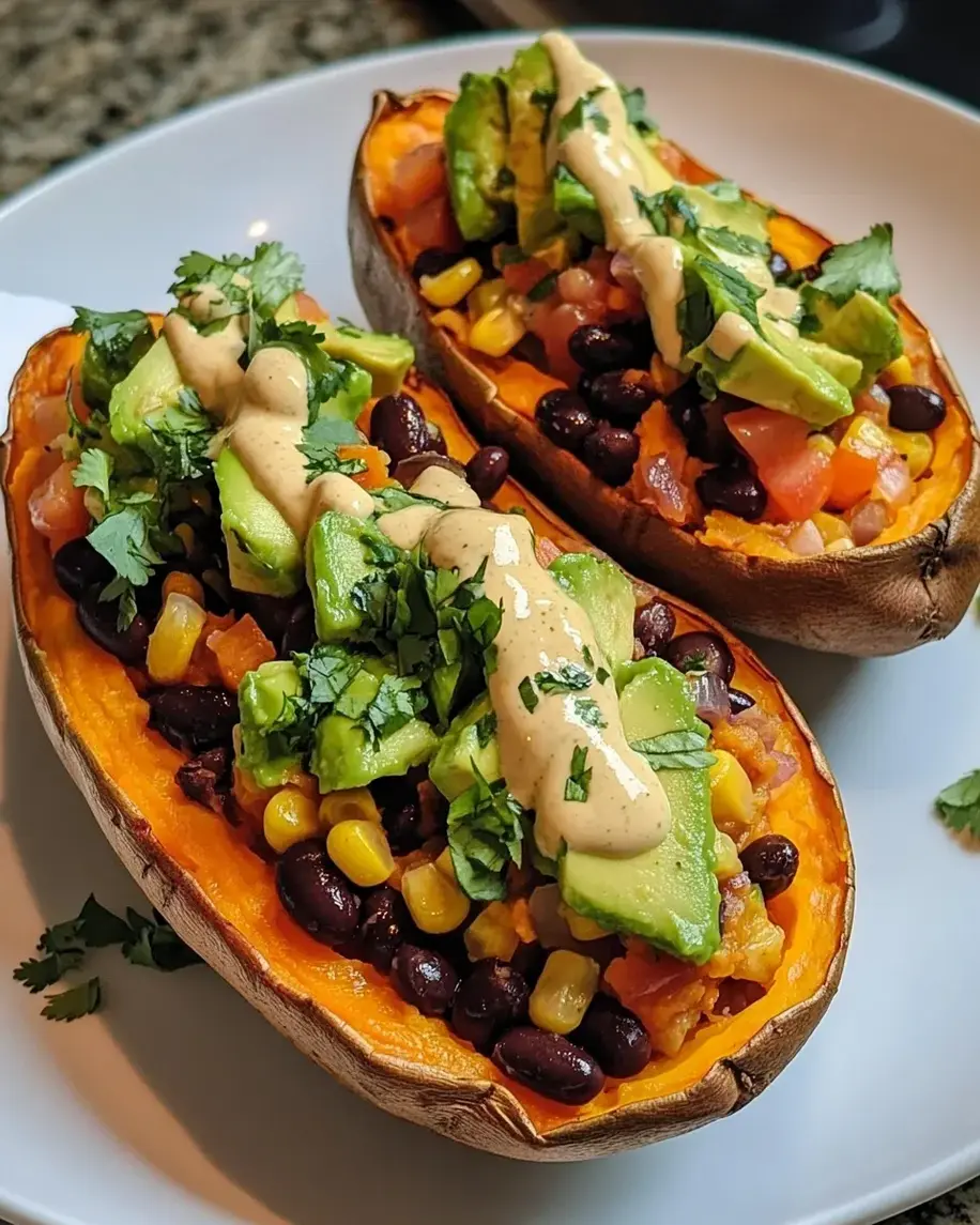 Stuffed Sweet Potato with Avocado Black Beans Cilantro Lime Crema