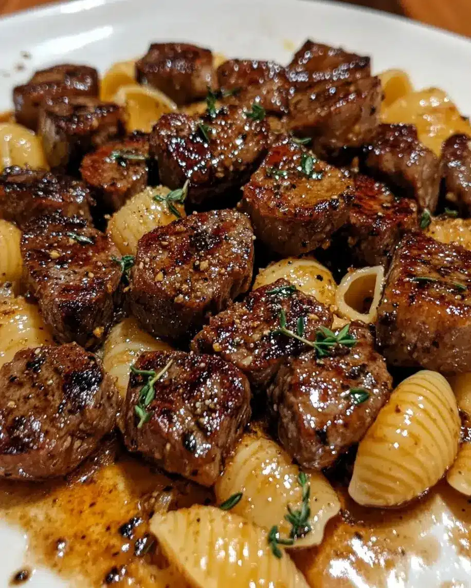 Garlic Butter Steak Bites shell pasta with Parmesan Cream