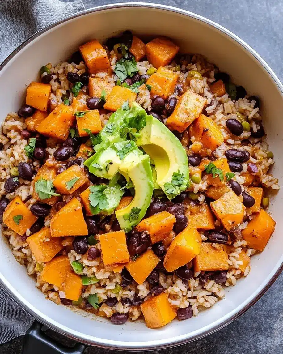 Southwest Sweet Potato Black Bean and Rice Skillet