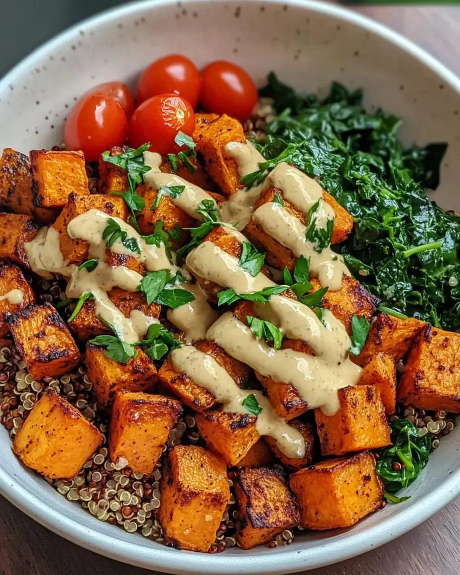 Savory Sweet Potato Quinoa Bowl with Lemon Tahini Dressing