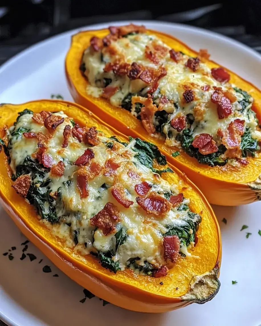 Stuffed Butternut Squash with Creamy Spinach Bacon Cheese