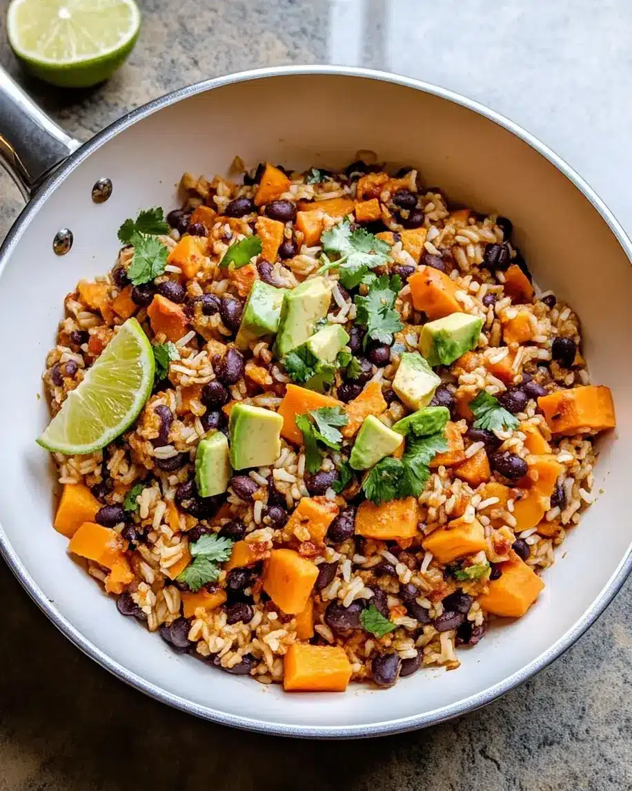 Southwest Sweet Potato Black Bean and Rice Skillet