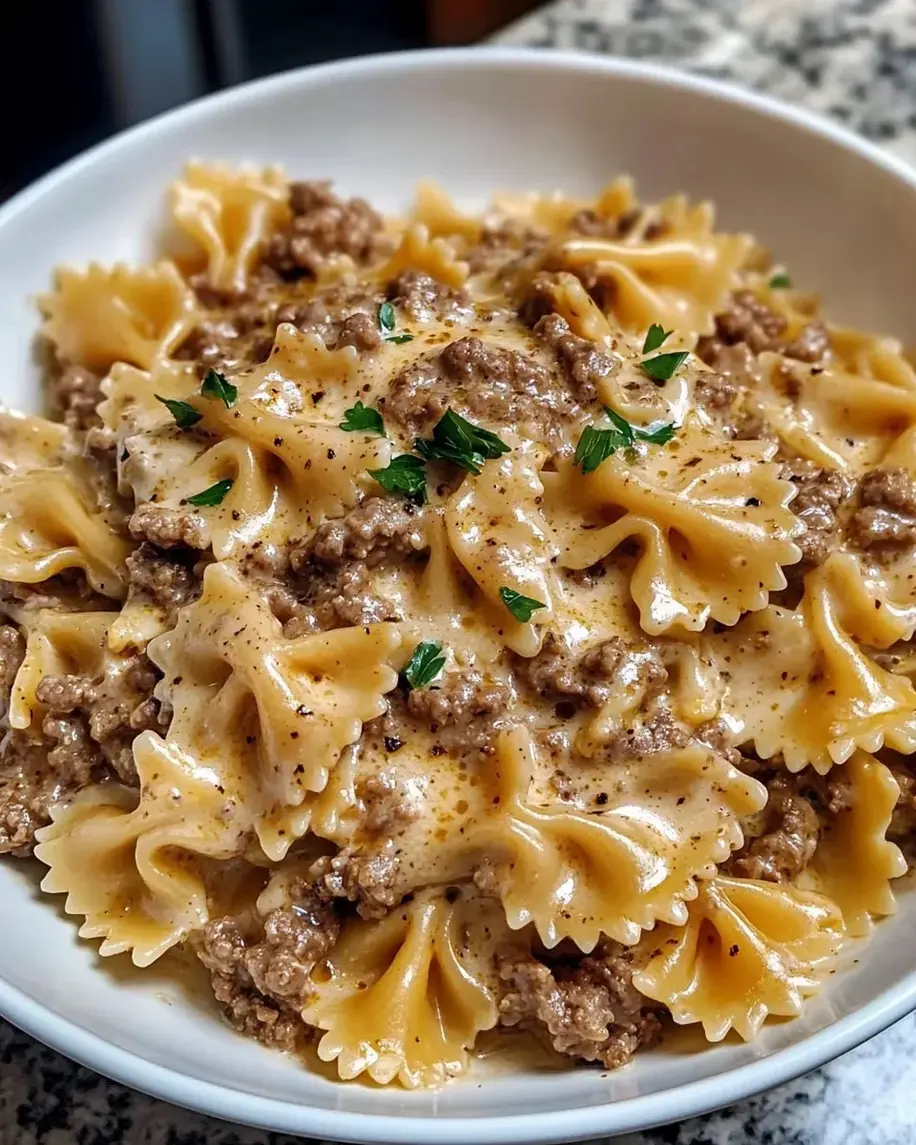 Creamy Parmesan Garlic Beef Bowtie Pasta