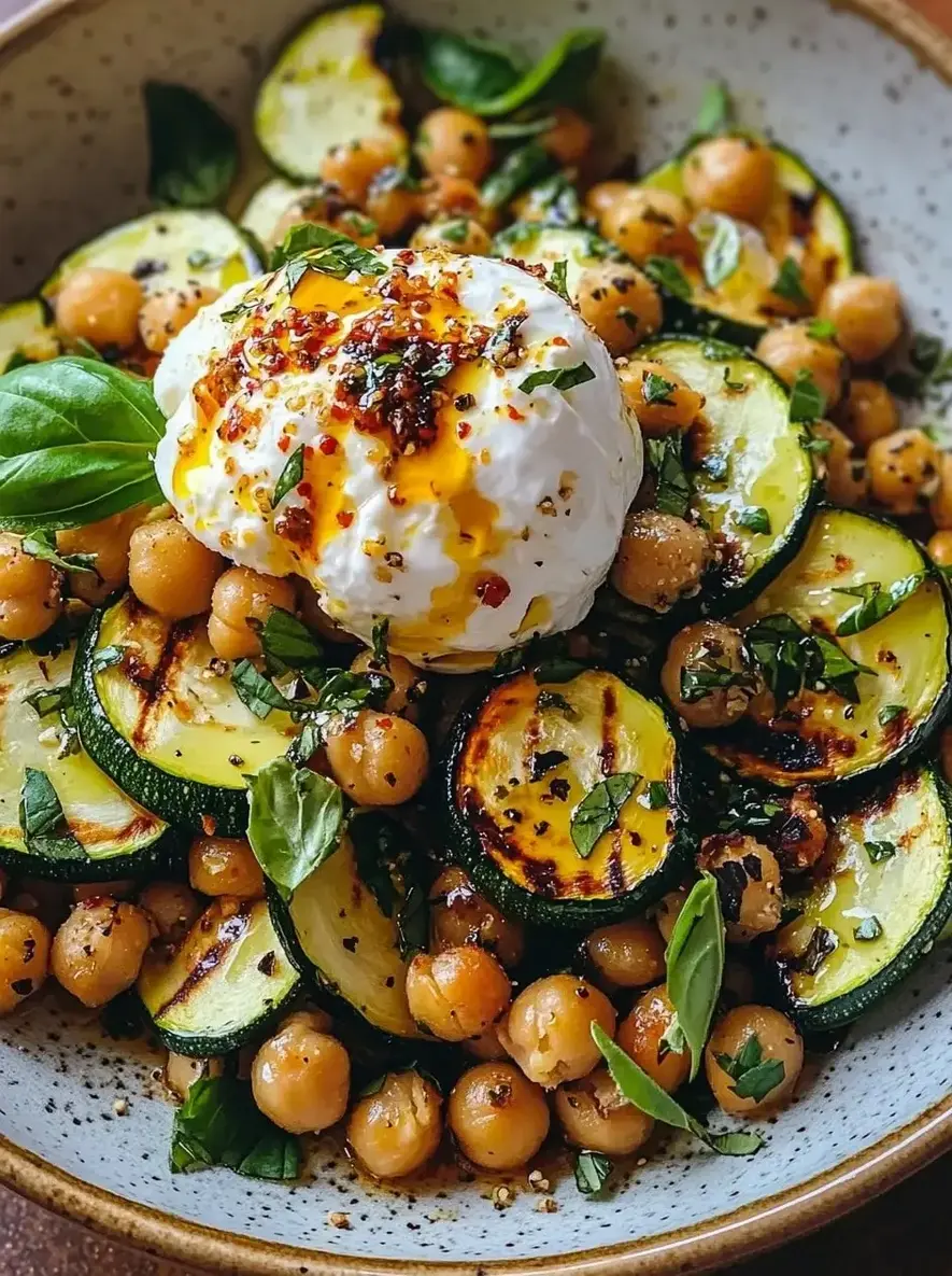 Grilled Zucchini Chickpea Salad with Burrata and Chili Oil
