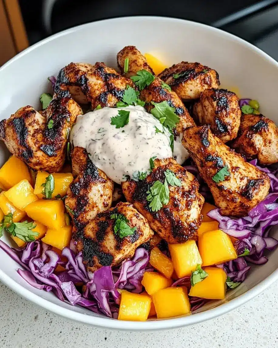 Jerk Chicken Mango Slaw Bowls with Honey Lime Cream