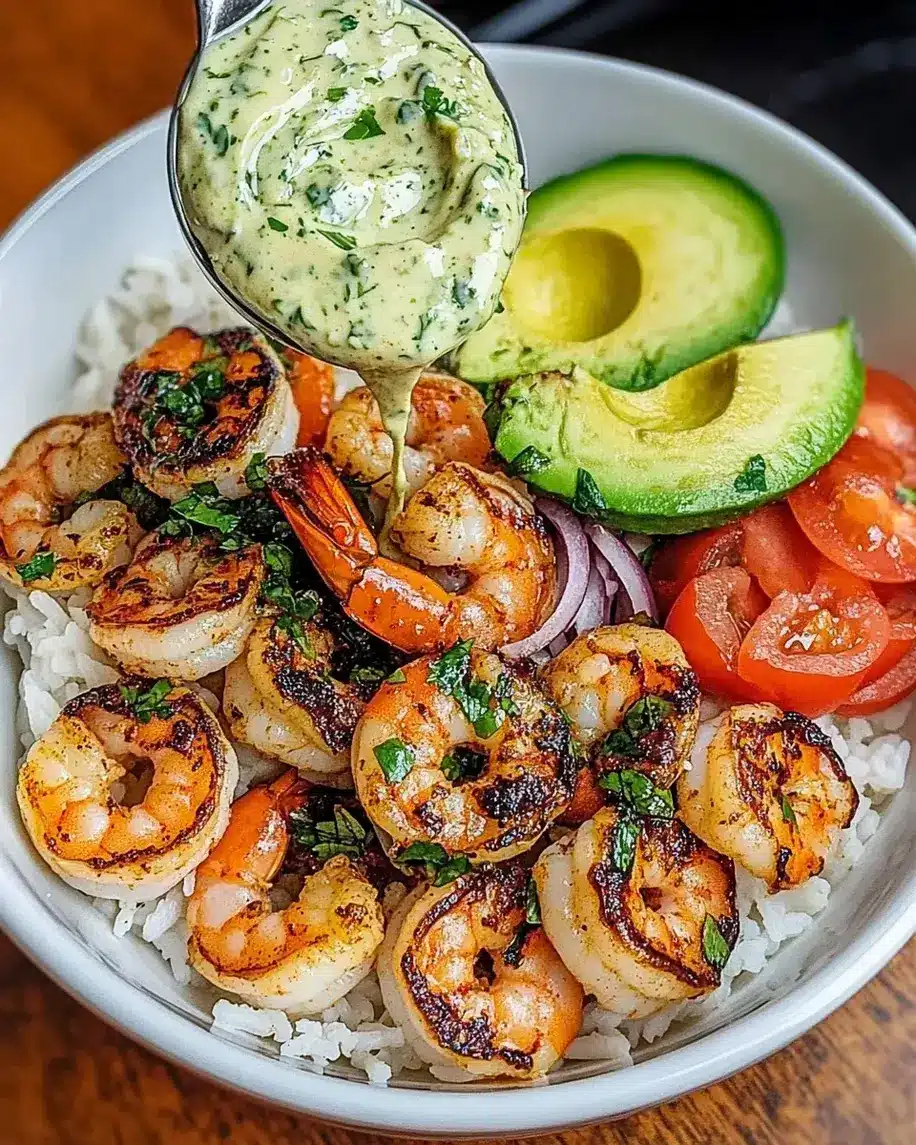 Zesty Shrimp Avocado Rice Bowls with Cilantro Lime Sauce
