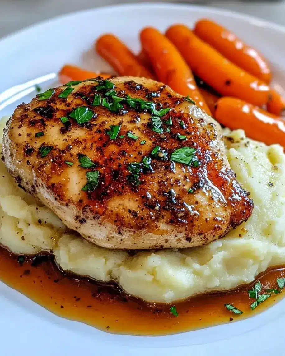 GARLIC HERB CHICKEN WITH MASHED POTATOES AND GLAZED CARROTS