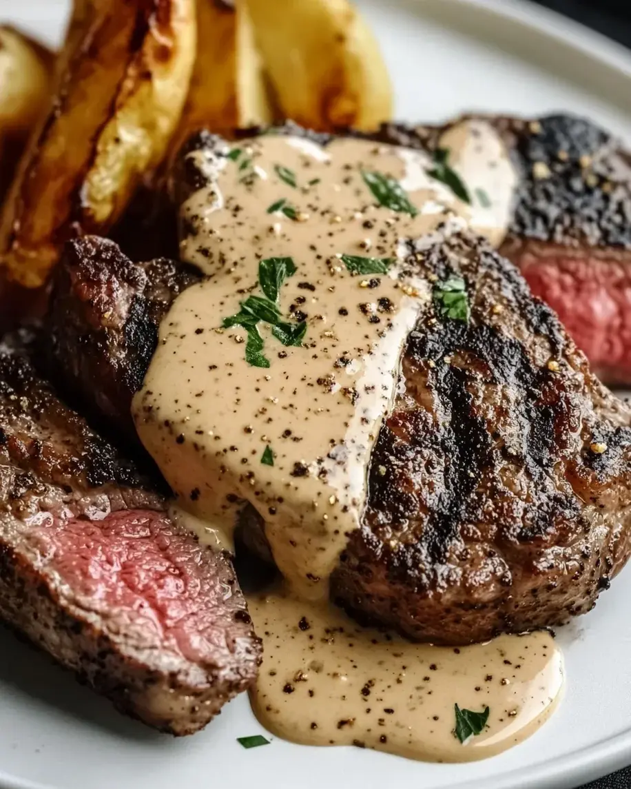 Peppercorn Crusted Steak with Creamy Peppercorn Sauce