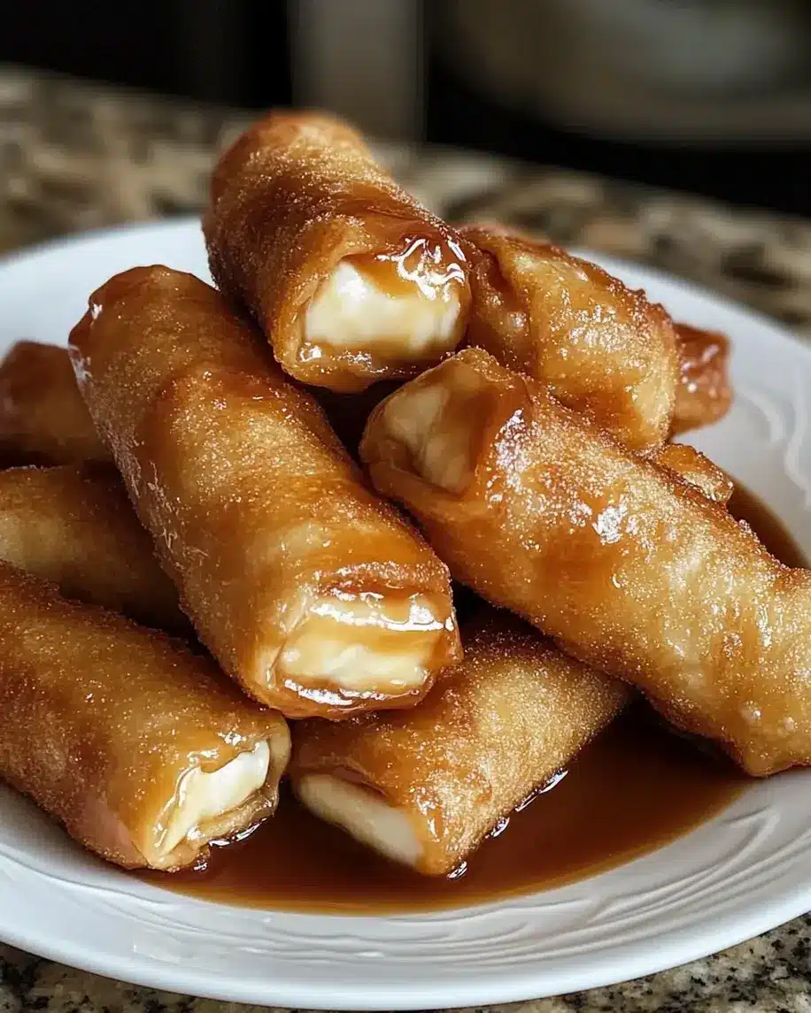 Cheesecake Egg Rolls with Easy Caramel Sauce
