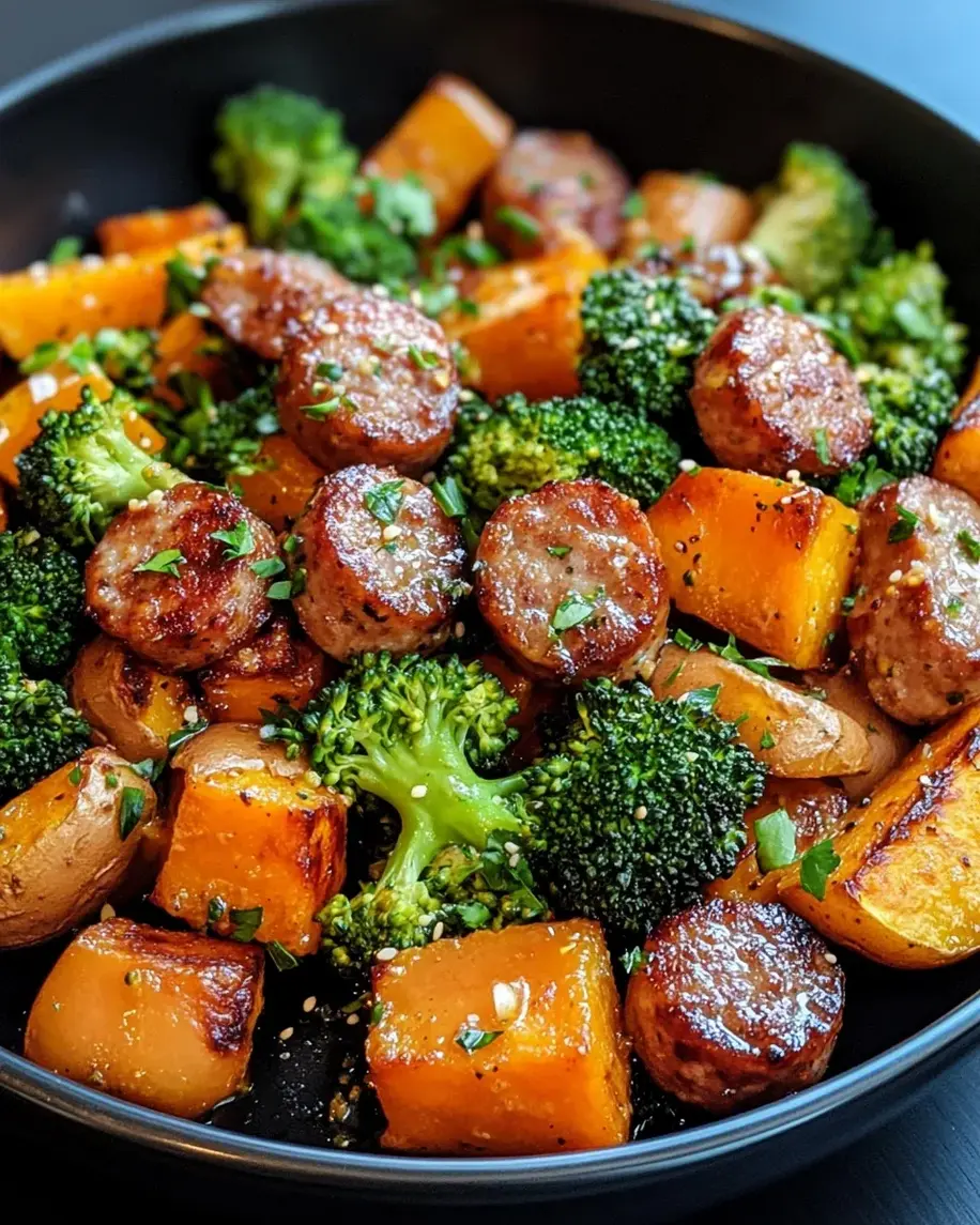 Sheet pan sausage and sweet potatoes with honey garlic sauce