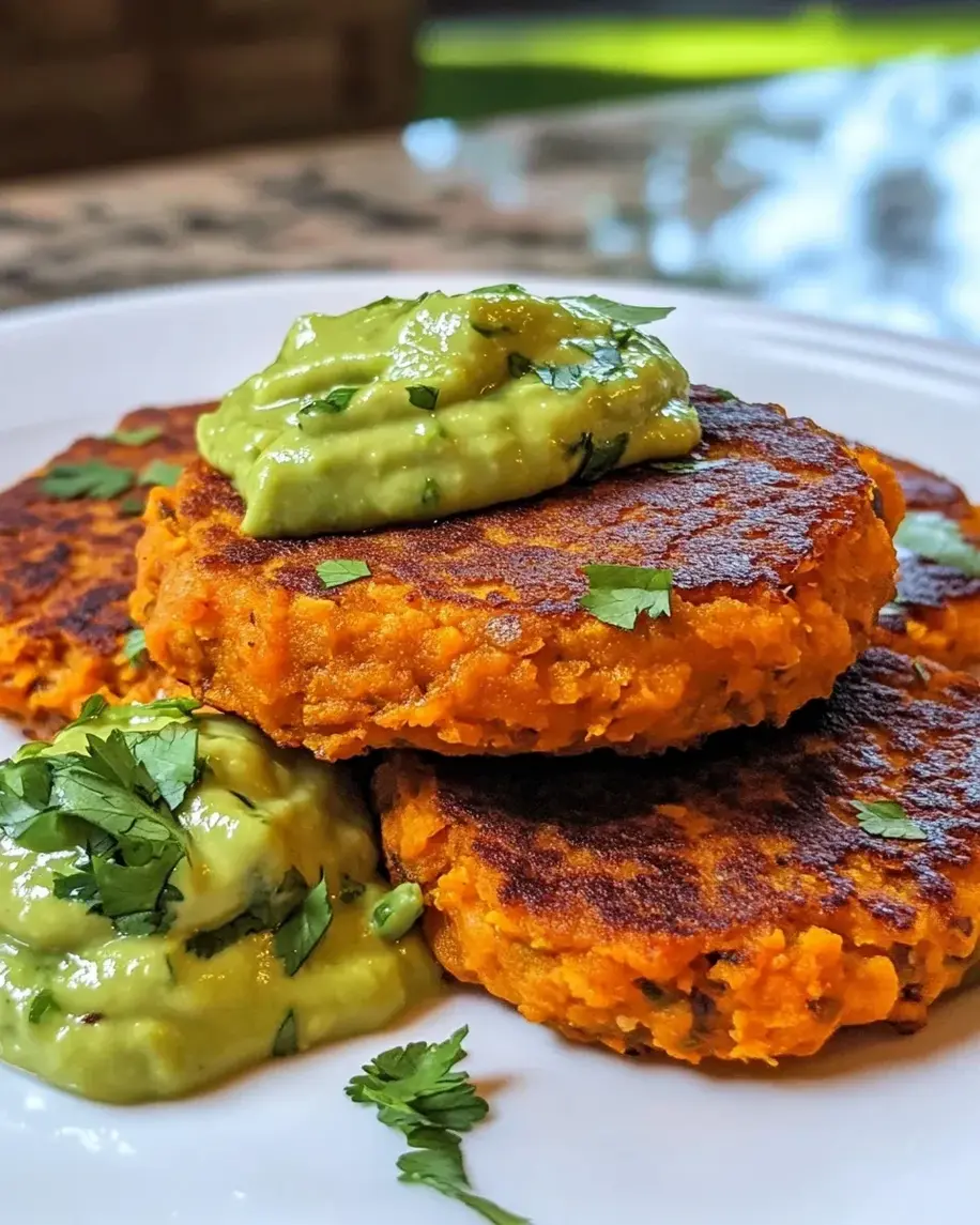 Sweet Potato Patties with Red Lentils Creamy Avocado Cilantro Sauce
