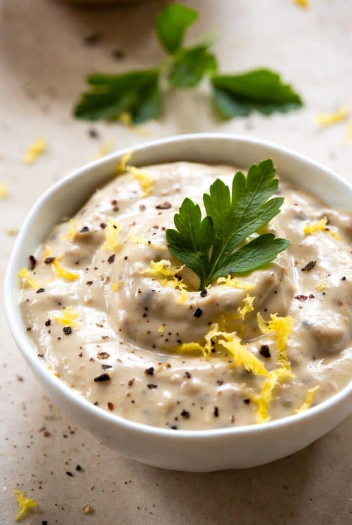 Creamy Dijon lemon cream sauce in a small bowl with lemon zest and fresh parsley