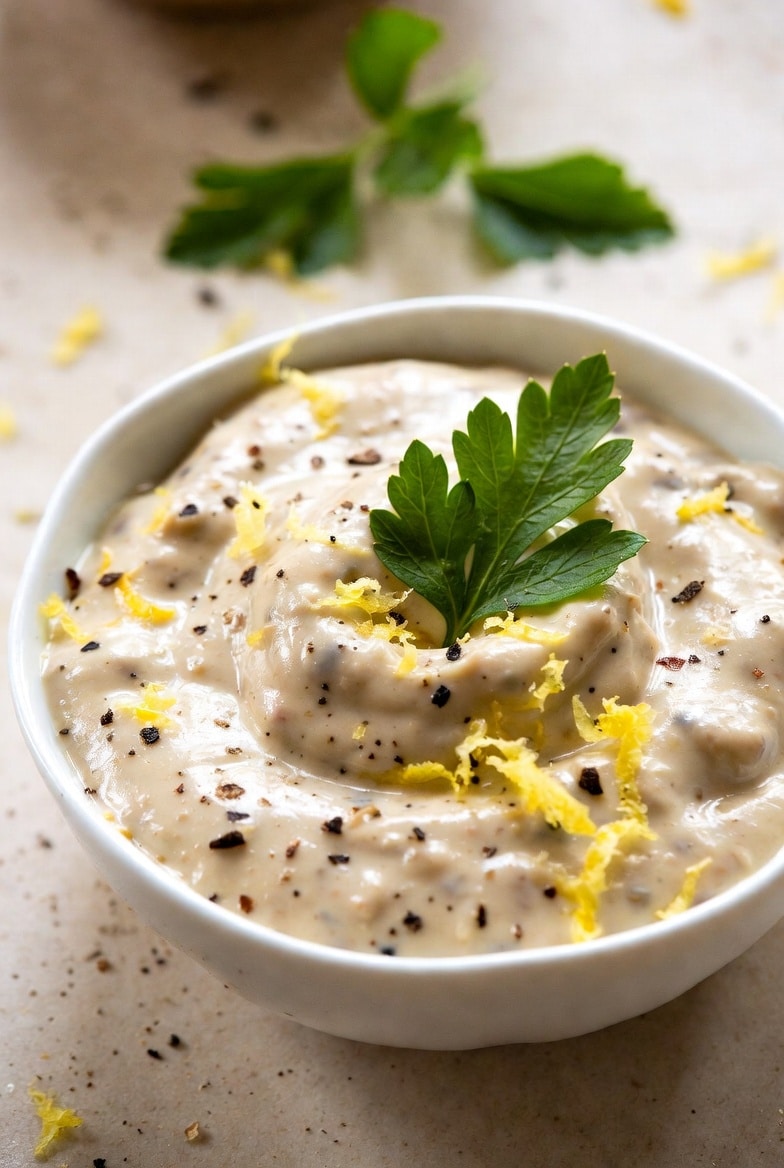 Creamy Dijon lemon cream sauce in a small bowl with lemon zest and fresh parsley