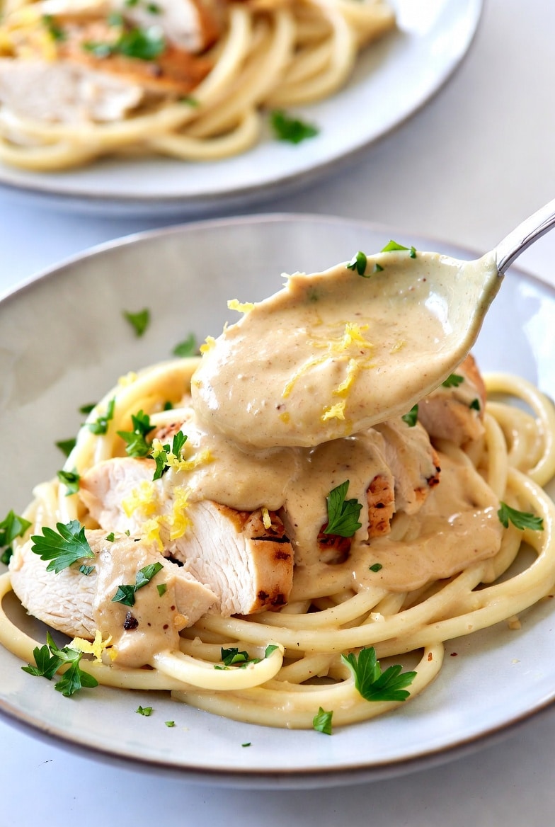 Dijon lemon cream sauce served over chicken and pasta with fresh herbs
