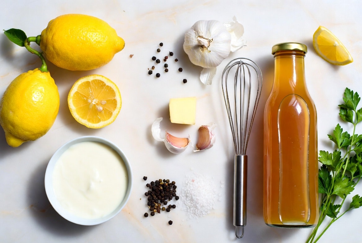 Ingredients for lemon cream sauce with fresh lemons, cream, garlic, herbs, and oil