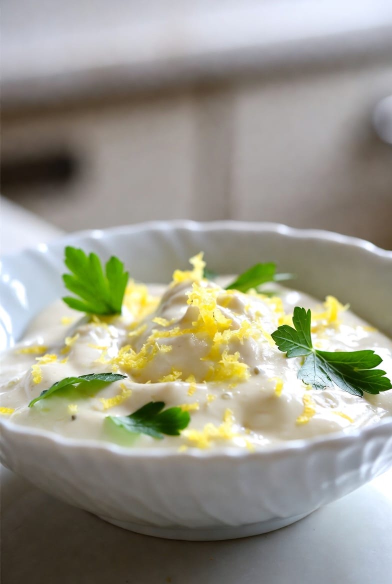 Bowl of creamy lemon sauce served with pasta, herbs, and fresh lemon zest