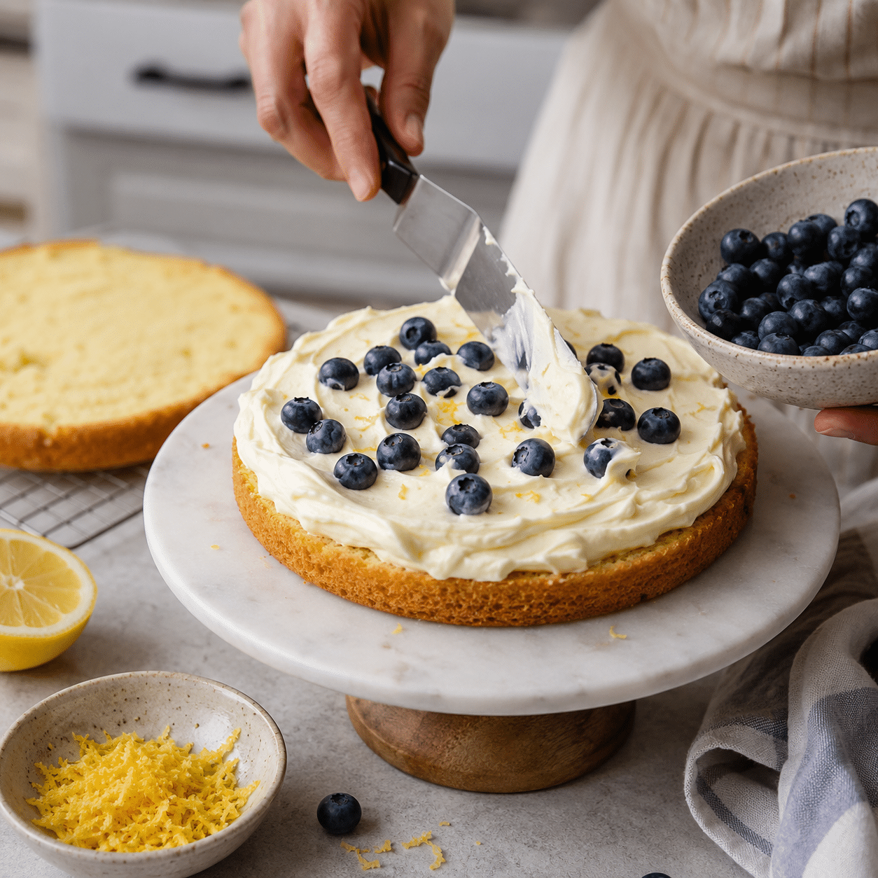 Step-by-step assembly of lemon blueberry mascarpone cake with cake layer, mascarpone cream, blueberries, and lemon zest