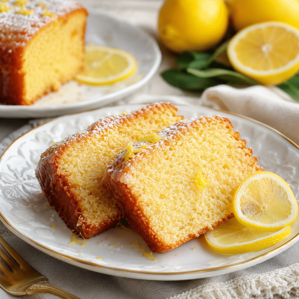 Lemon butter cake batter being poured into a round baking pan during preparation