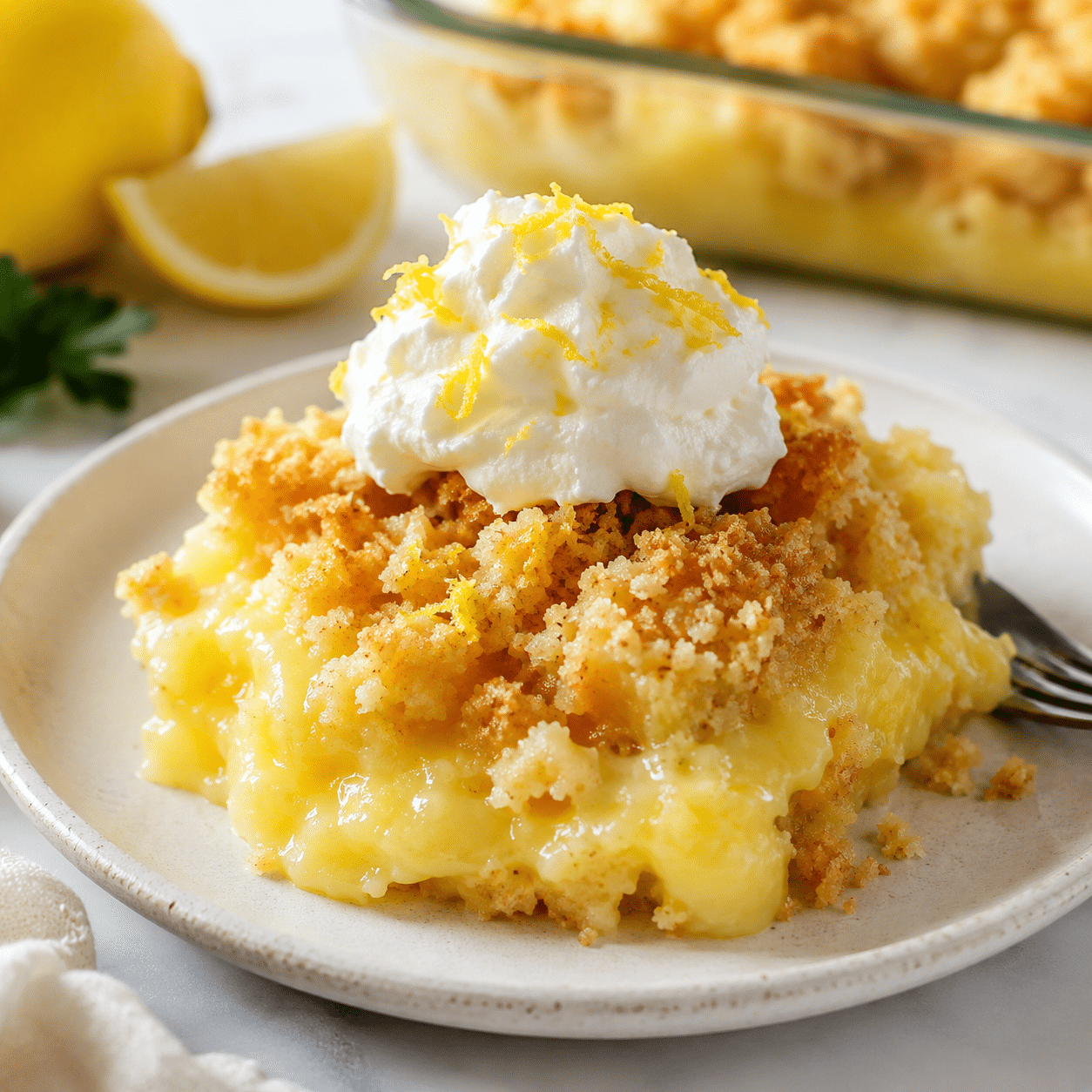 Step-by-step process of making lemon dump cake with lemon pudding filling in a baking dish