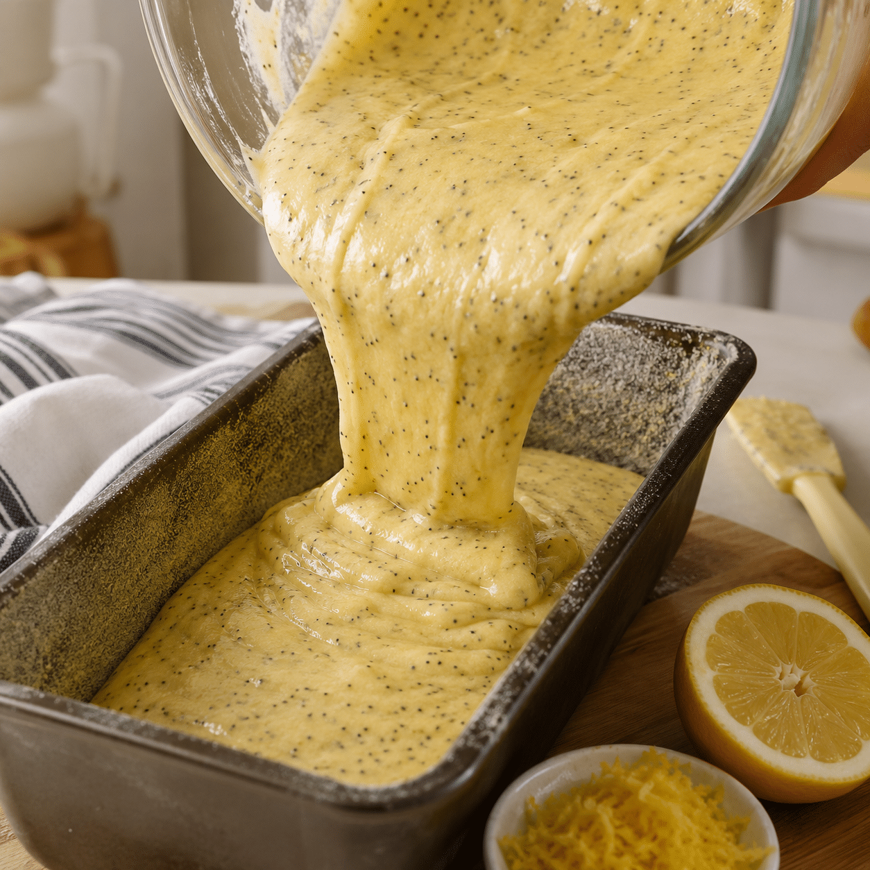 Lemon poppy seed pound cake batter being poured into a prepared loaf pan