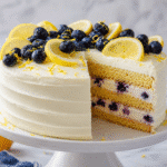 Lemon blueberry mascarpone cake with creamy frosting, fresh blueberries, and lemon slices on top