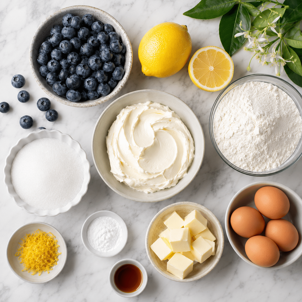 Ingredients for lemon blueberry mascarpone cake including blueberries, mascarpone, lemons, eggs, sugar, flour, and butter