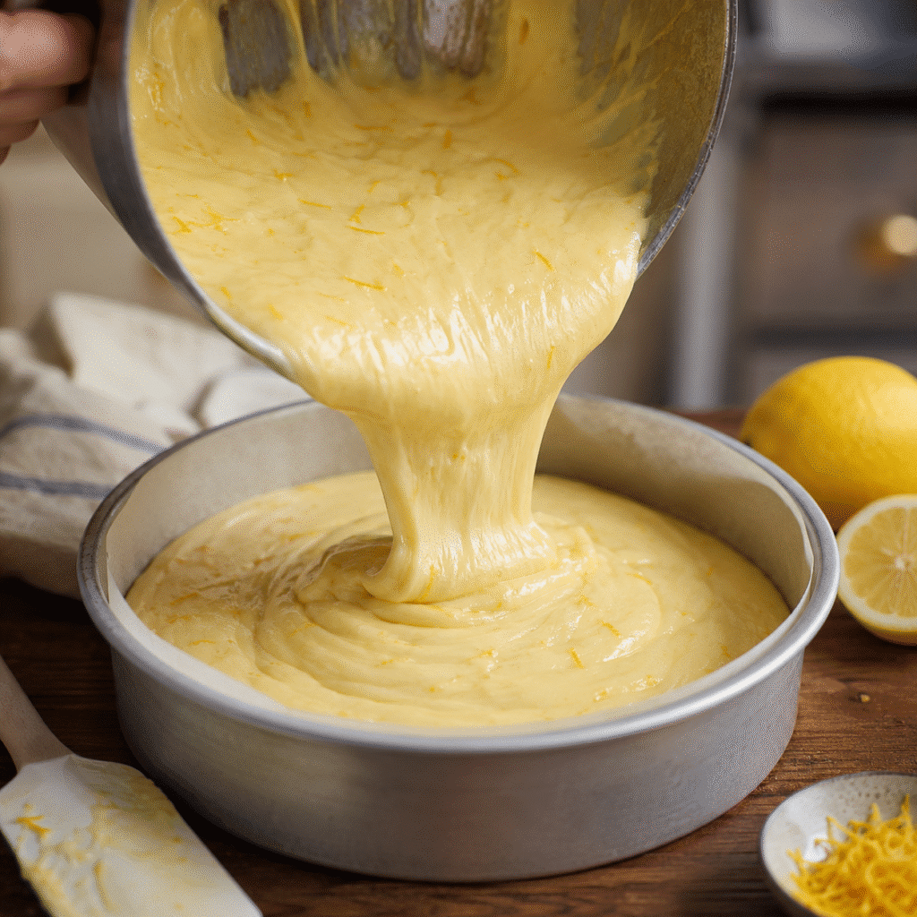 Ingredients for lemon butter cake including flour, butter, eggs, sugar, cream cheese, and fresh lemons