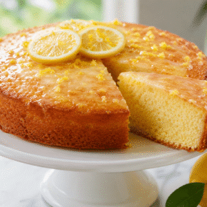 Slice of lemon butter cake served on a plate with lemon slices and soft buttery crumb