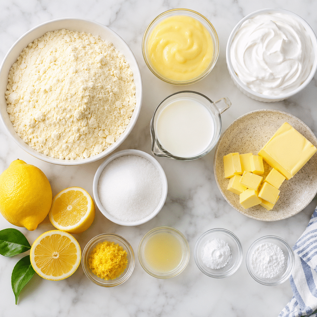 Golden lemon dump cake with lemon pudding filling baked in a dish with lemon slices on top