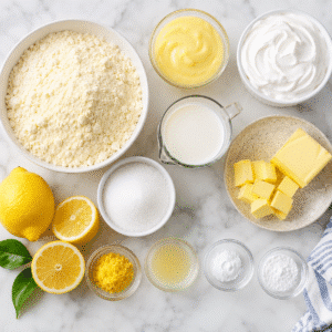 Golden lemon dump cake with lemon pudding filling baked in a dish with lemon slices on top