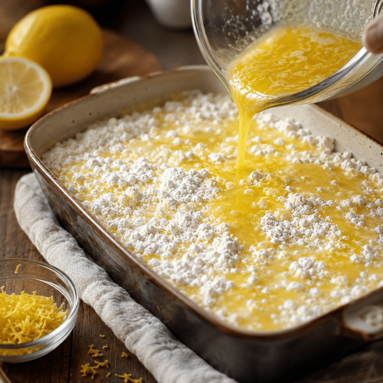 Ingredients for lemon dump cake with lemon pudding filling including cake mix, pudding, lemons, butter, milk, and whipped topping