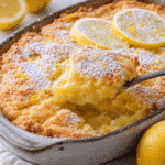 Serving of lemon dump cake with lemon pudding filling topped with whipped cream and golden cake crumble