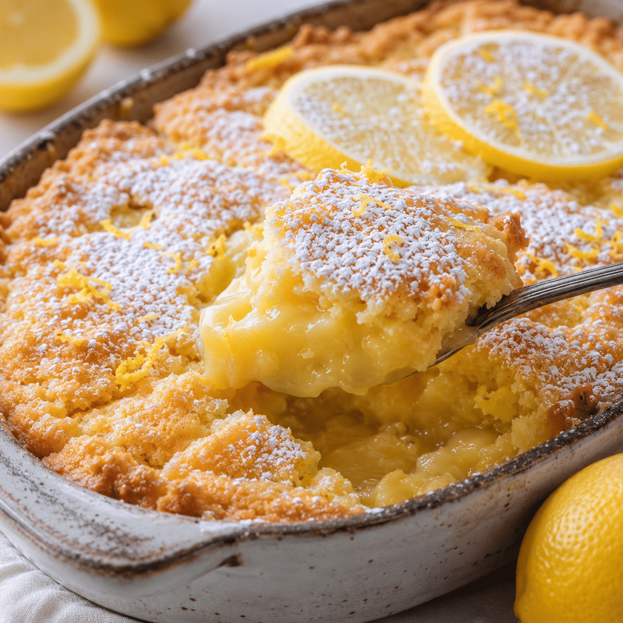 Serving of lemon dump cake with lemon pudding filling topped with whipped cream and golden cake crumble