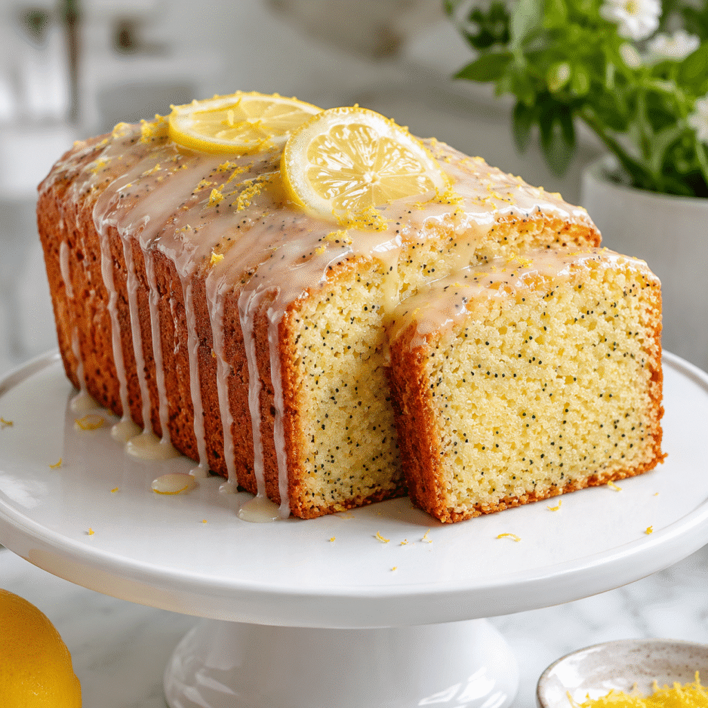 Glazed lemon poppy seed pound cake with sliced moist crumb and fresh lemon garnish