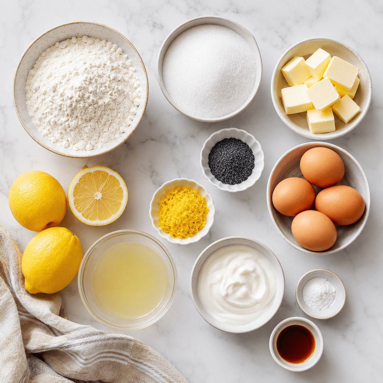 Ingredients for lemon poppy seed pound cake arranged on a light surface