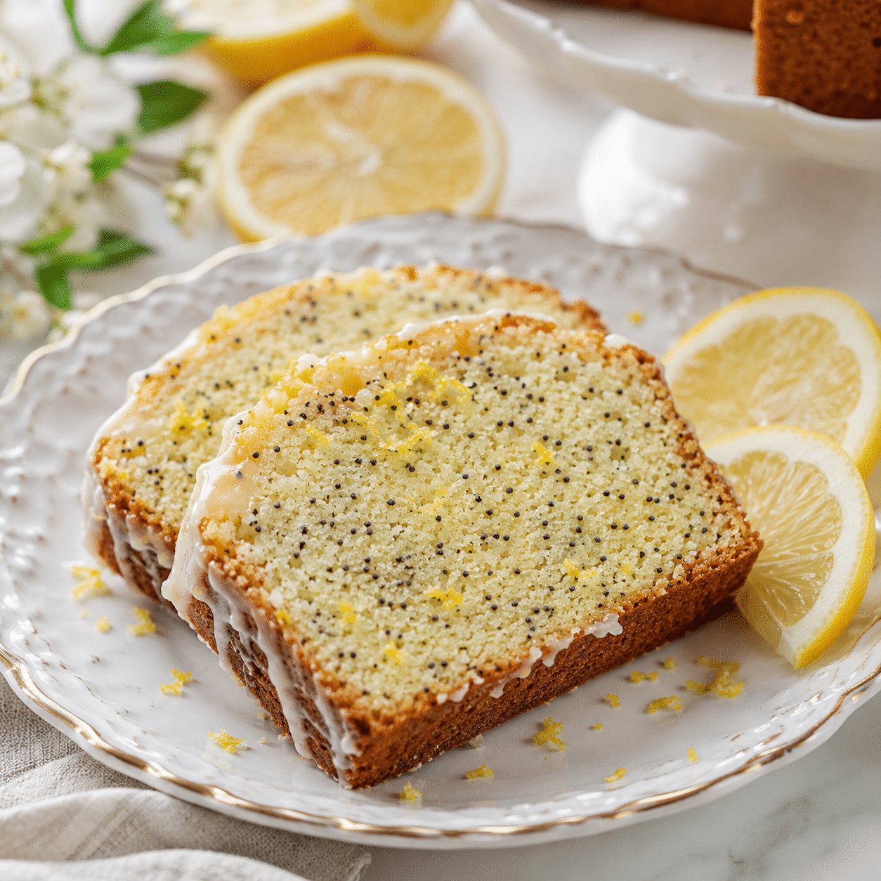 Slices of lemon poppy seed pound cake served with lemon glaze and fresh lemon slices