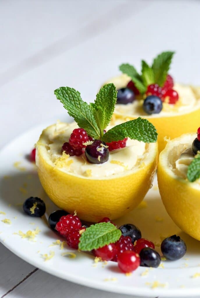 Creamy lemon posset in lemon shells topped with fresh berries and mint on a white plate