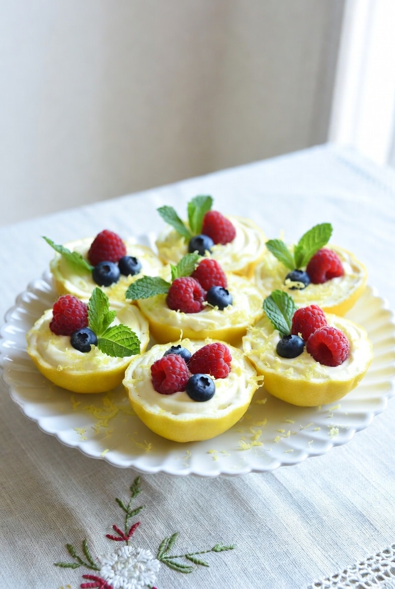 Lemon posset served in hollowed lemon shells with berries and mint on a light table setting